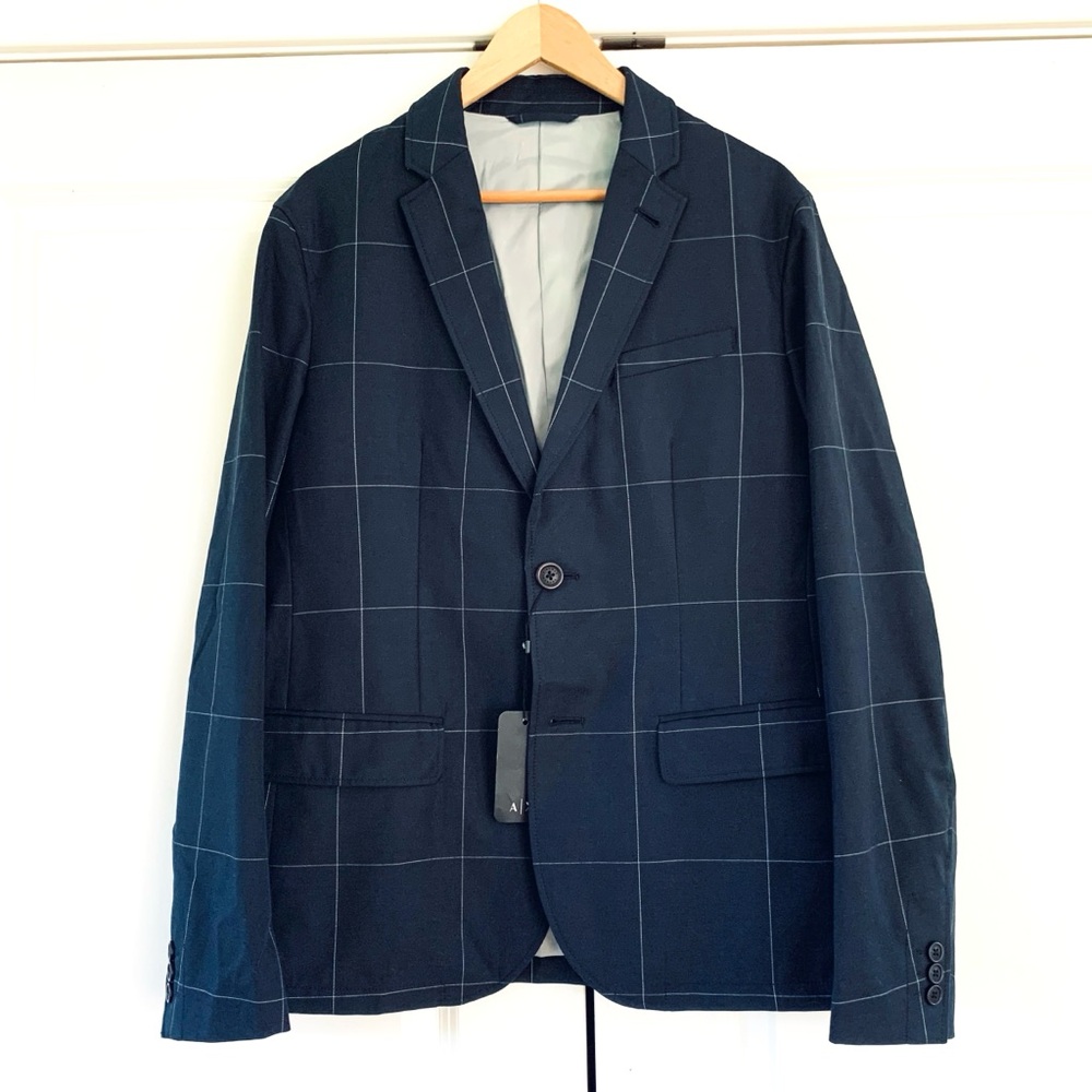 Armani Exchange Blazer Jacket Navy Blue Sports Coat Grid Print Plaid NEW Size 38